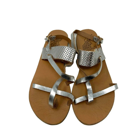 Ancient Greek Sandals Lasercut‎ Flat Leather Sandals Silver Size 38 US 8 - Picture 2 of 7
